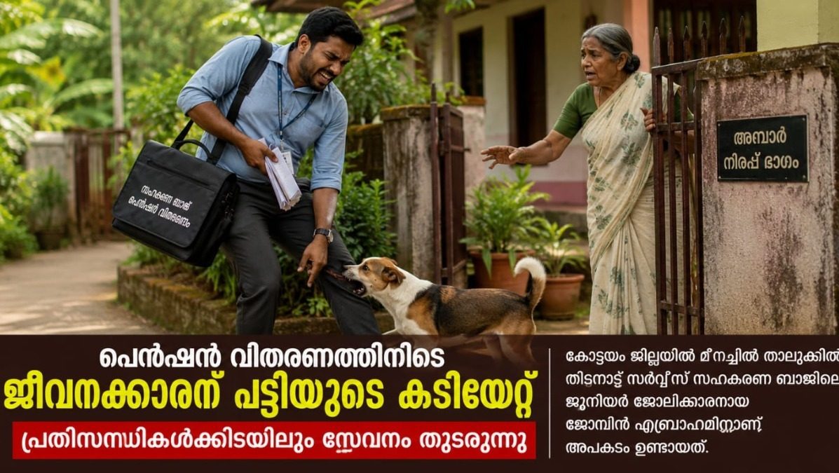 പെൻഷൻ വിതരണത്തിനിടെ സഹകരണ ജീവനക്കാരന് പട്ടിയുടെ കടിയേറ്റു; പ്രതിസന്ധികൾക്കിടയിലും സേവനം തുടരുന്നു..
