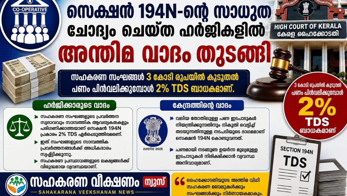  ₹3 കോടിക്ക് മുകളിലുള്ള പണം പിൻവലിക്കുമ്പോൾ 2% TDS; സെക്ഷൻ 194N-ന്റെ സാധുത ചോദ്യം ചെയ്ത ഹർജികളിൽ അന്തിമ വാദം തുടങ്ങി ,സഹകരണ സംഘങ്ങൾക്ക് നിർണായകമായ സെക്ഷൻ 194N ഹൈക്കോടതിയിൽ അന്തിമ വാദം